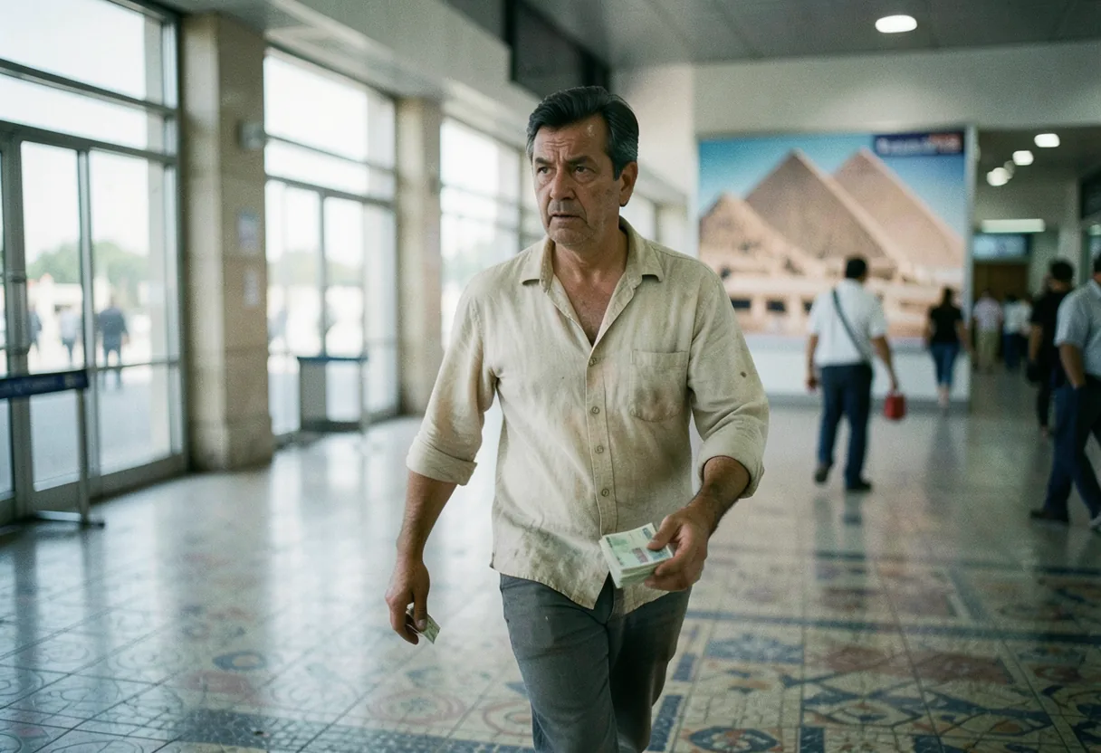 Traveler exiting Cairo airport, currency exchange signs visible, muted daylight.