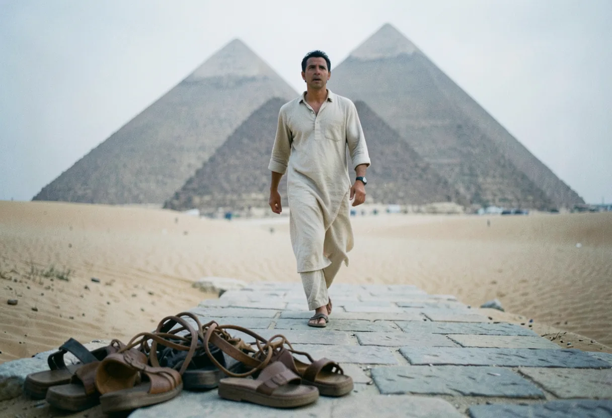 Traveler in tunic stepping onto stone path, Egypt travel agency options.