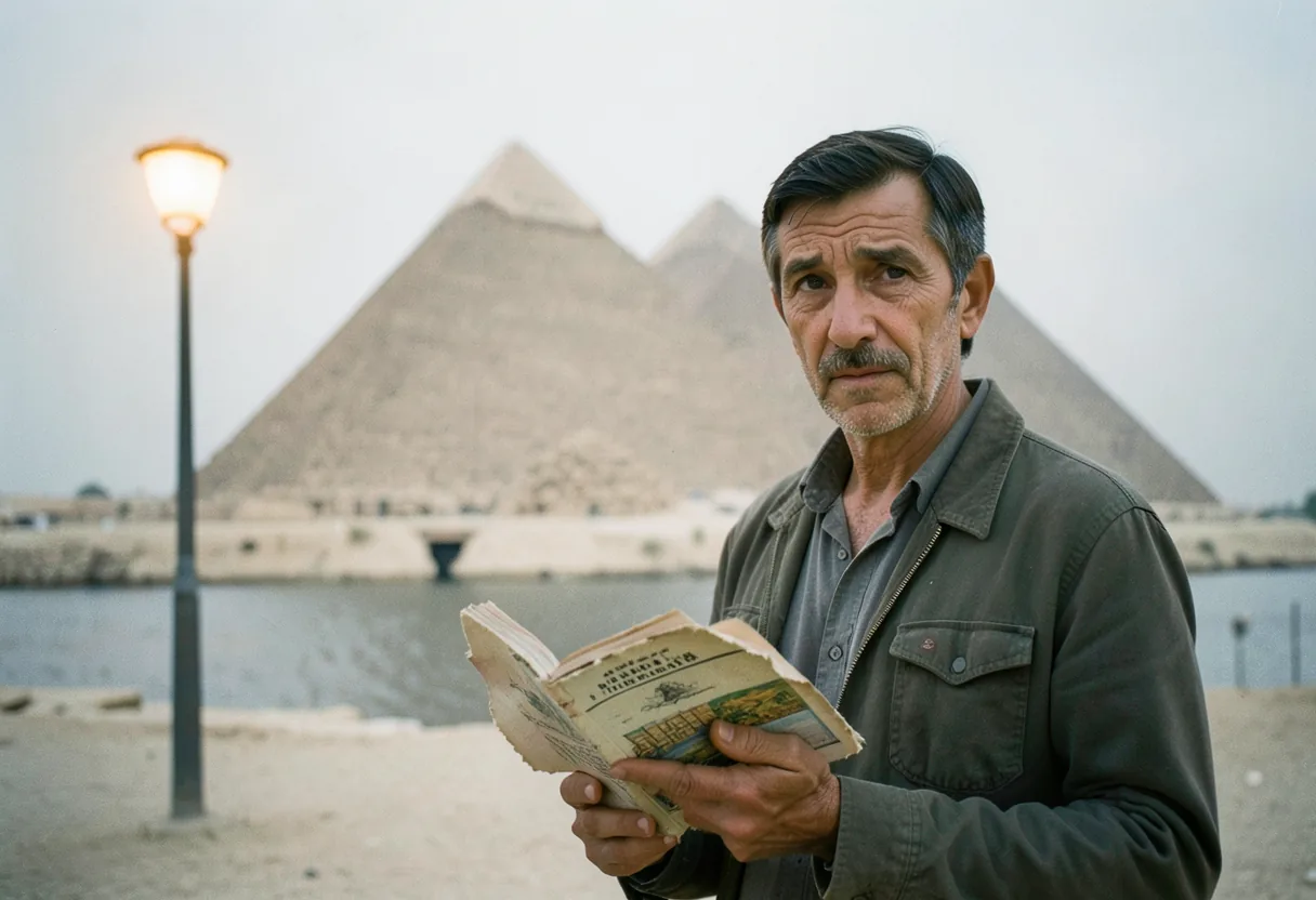 Traveler pondering Egypt travel advisory, muted tones, soft light, contemplative expression.