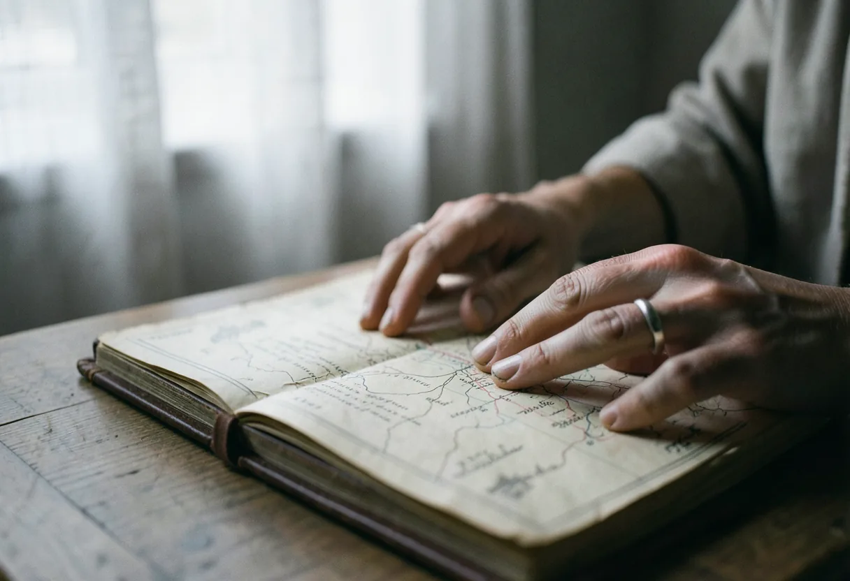 A worn leather itinerary planner with dog-eared pages, muted colors, soft light.