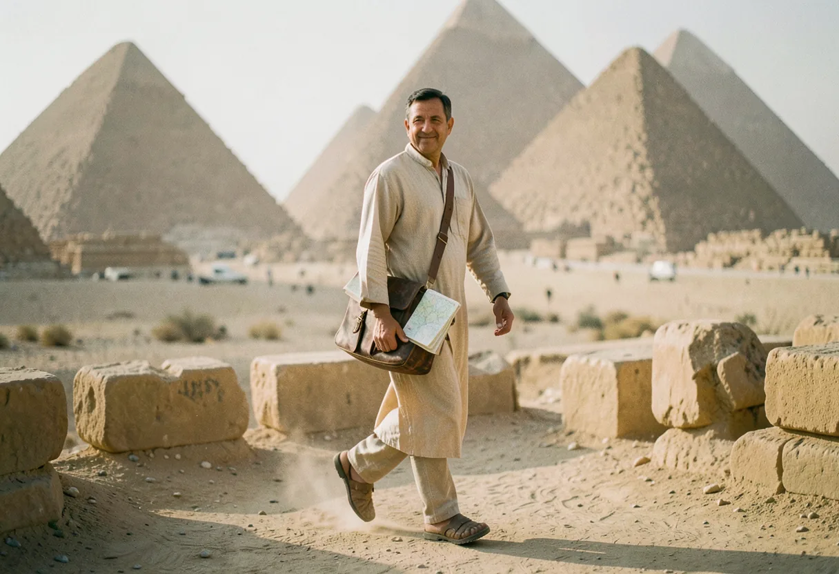 Tour guide in traditional attire walking, carrying a worn leather satchel, Egypt travel insights.