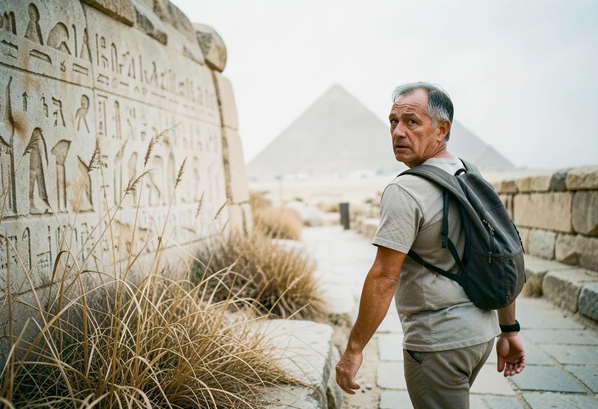 Tourist pauses on weathered pavement, Egypt travel warnings backdrop.