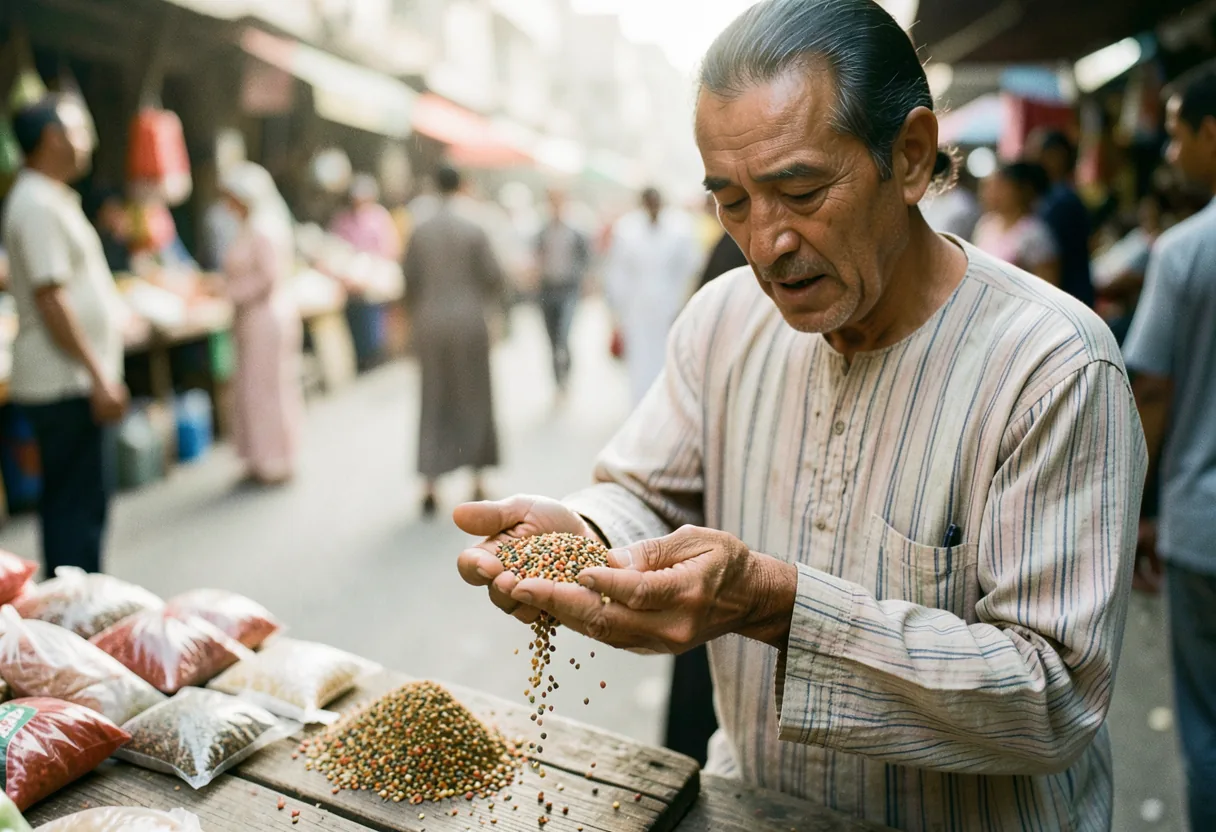 Vendor in striped galabeya offering colorful spices, Egypt's market life.