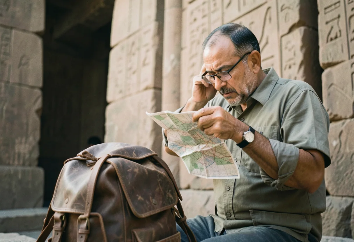 Backpack in foreground, ancient Egyptian temple ruins in background, safety in Egypt travel guide.
