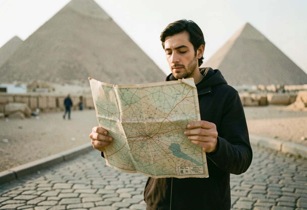 Traveler pauses to consult worn map in Egypt, muted colors, soft light.