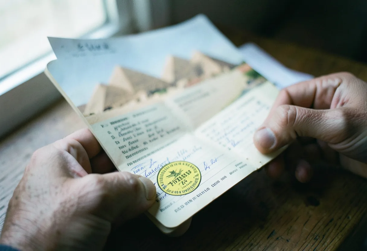 Traveler's hand holding passport with vaccination page, required vaccinations for Egypt.