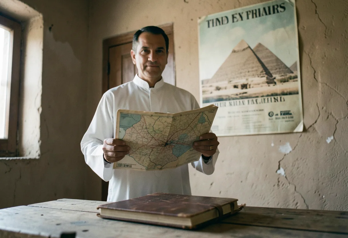 A guide in a galabeya stands, holding an intricate staff, for Travel Company of Egypt.