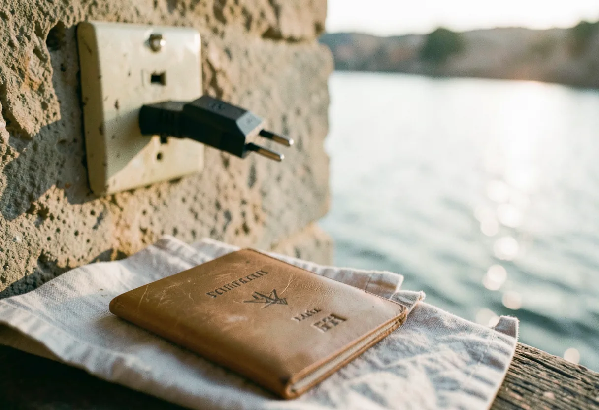 Travel plug adapter for Egypt beside passport on napkin, muted colors.
